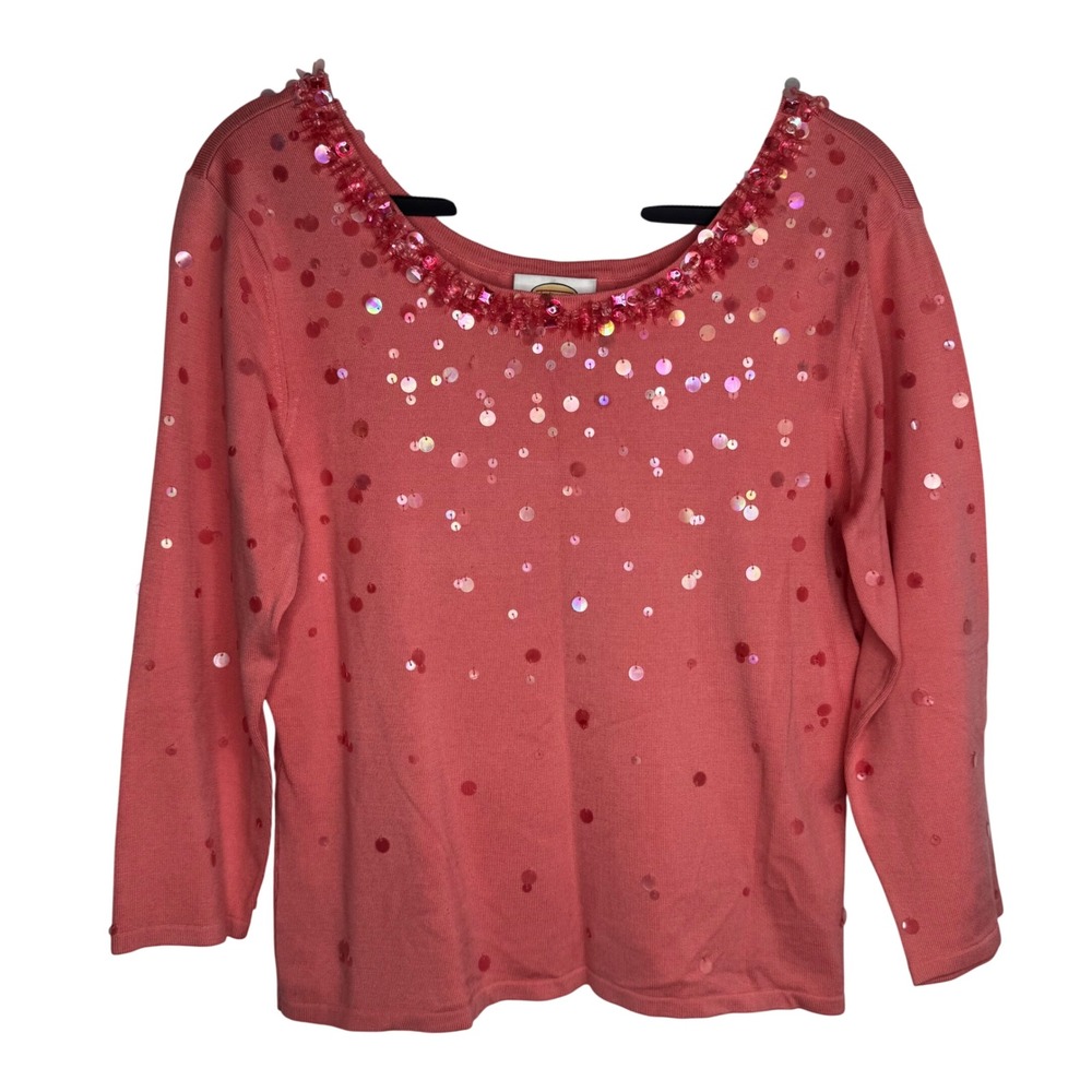 Talbots Coral Sequin‎ Embellished Scoop Neck Sweater Top Size L Holiday Party